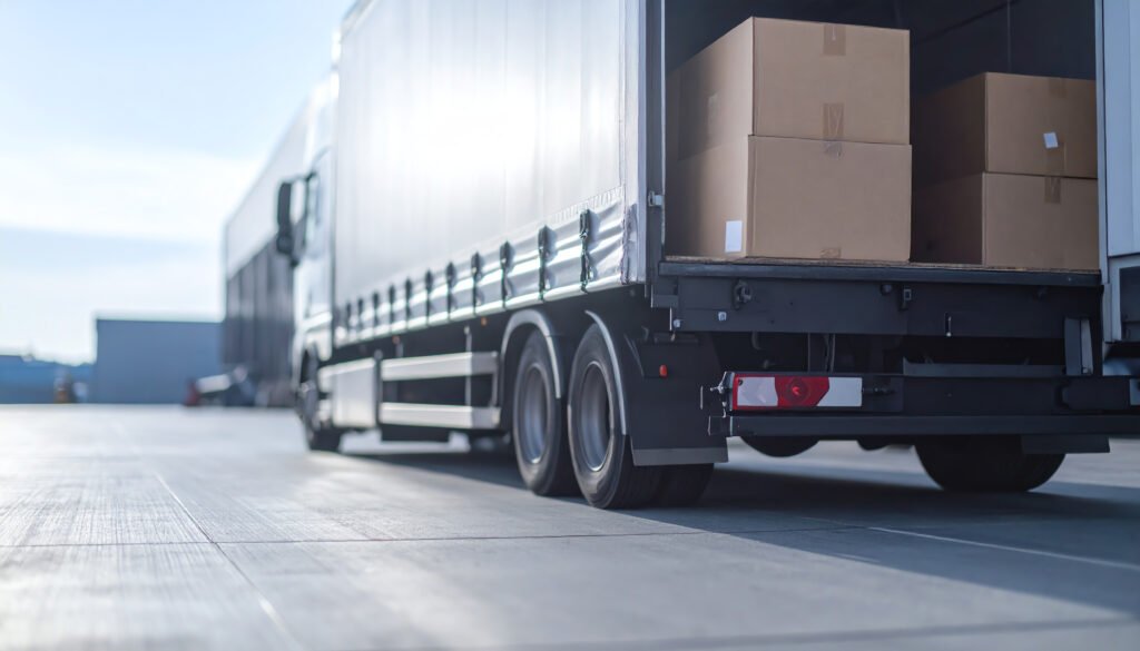 a close up of a delivery truck loading boxes in a warehouse environment, showcasing logistics and transportation.
