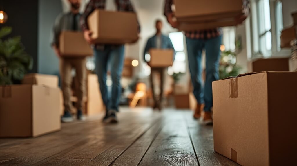 group of movers carrying cardboard boxes into a home for residential relocation during the daytime