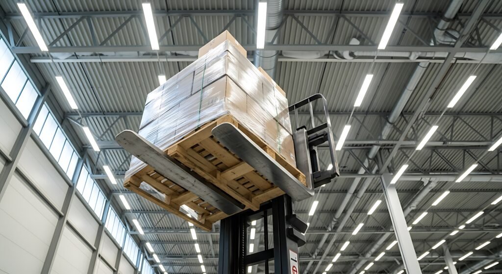 forklift lifting pallets of packed boxes in industrial warehouse