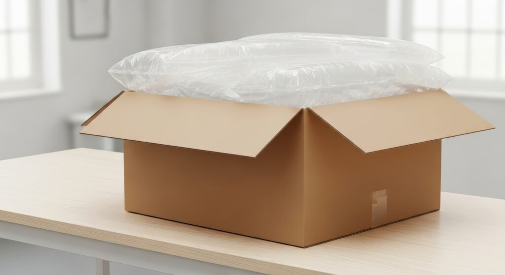 open cardboard box with air cushions on table in bright room